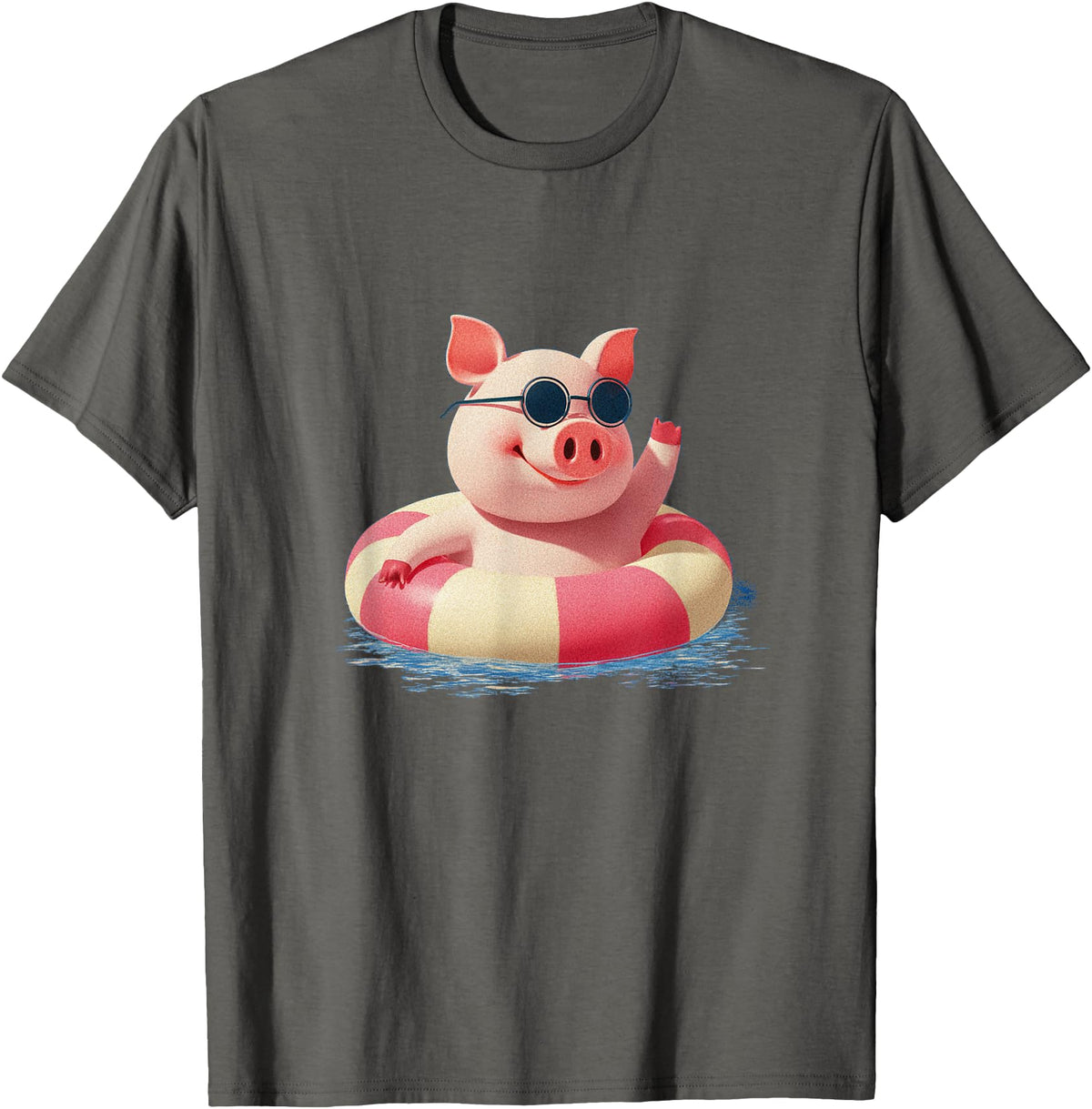 Vacation Pig Outfit Pig Sunglasses Graphic with Beach Ring T-Shirt - Asphalt Grey