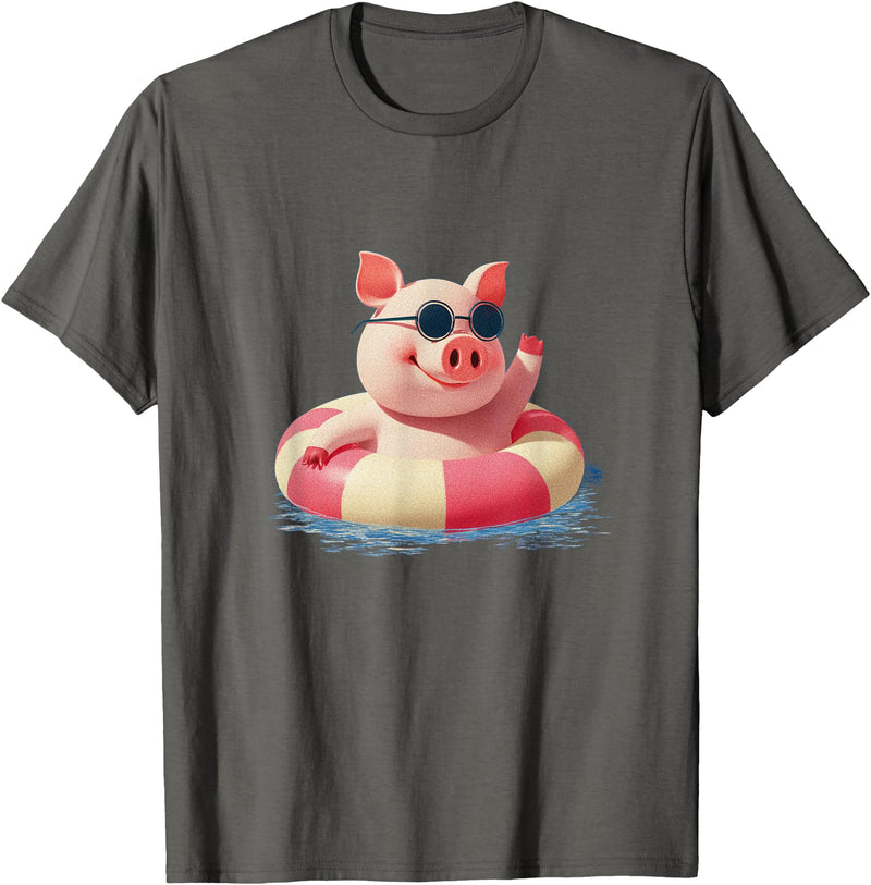 Vacation Pig Outfit Pig Sunglasses Graphic with Beach Ring T-Shirt - Asphalt Grey