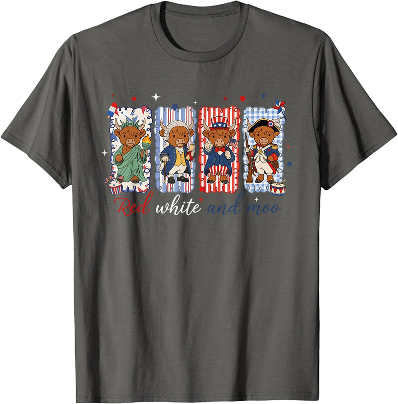 Red White Moo Patriotic Highland Cow Red White and Moo Highland Cow USA 4th of July 250th Years T-Shirt - Asphalt Grey