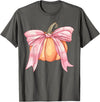Coquette Halloween Tees NYC Coquette Autumn Pumpkin Pink Bow Girly Halloween Fall Women T-Shirt - Asphalt Grey