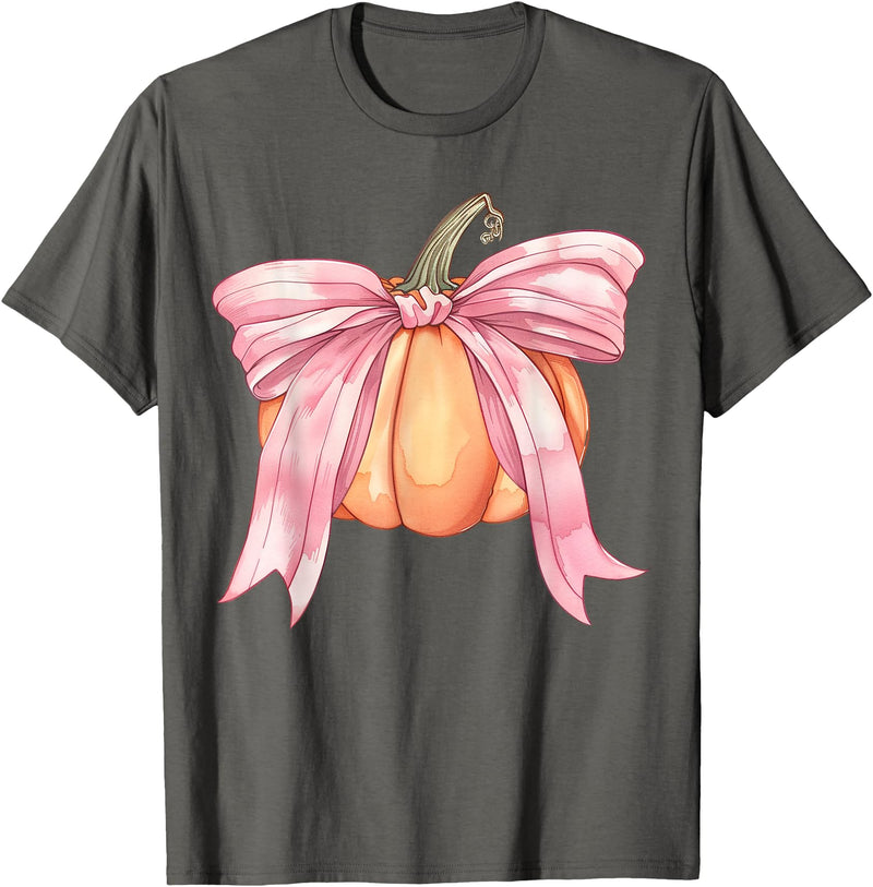 Coquette Halloween Tees NYC Coquette Autumn Pumpkin Pink Bow Girly Halloween Fall Women T-Shirt - Asphalt Grey