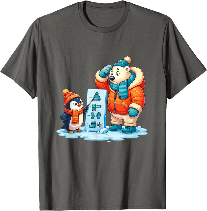 Cute Winter Penguin Polar Bear Humor Funny Penguin Teaching Polar Bear Winter T-Shirt - Asphalt Grey