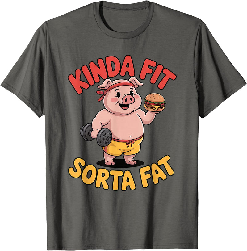 Funny Fitness Humor Food Lifestyle Merch. Kinda Fit Sorta Fat Funny Workout Burger Pig Gym T-Shirt - Asphalt Grey