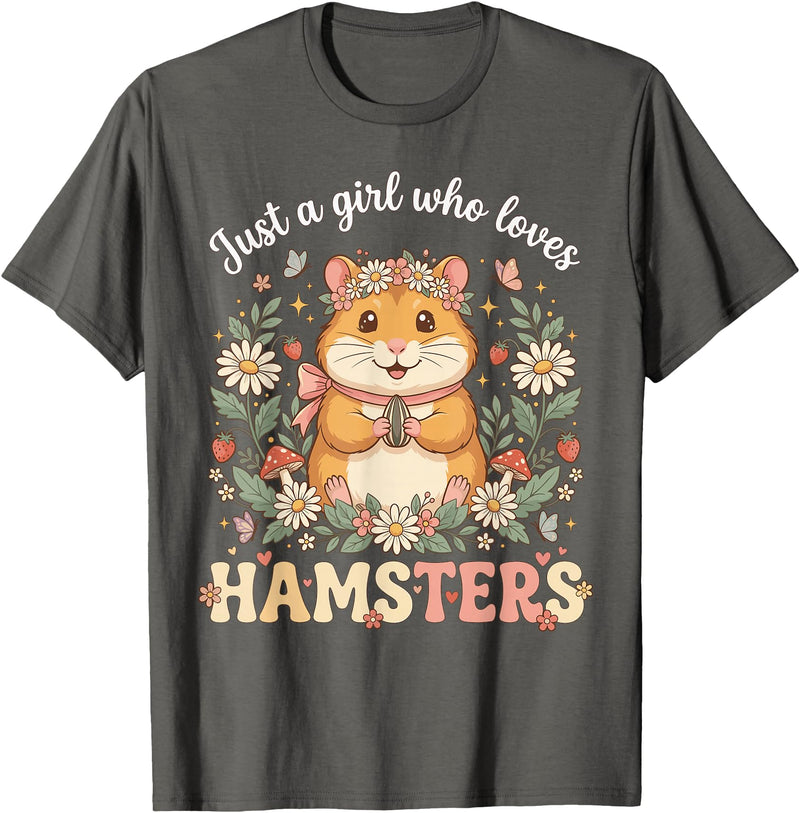 Just a Girl Who Loves Hamsters Cute Floral Pet Aesthetic T-Shirt - Asphalt Grey