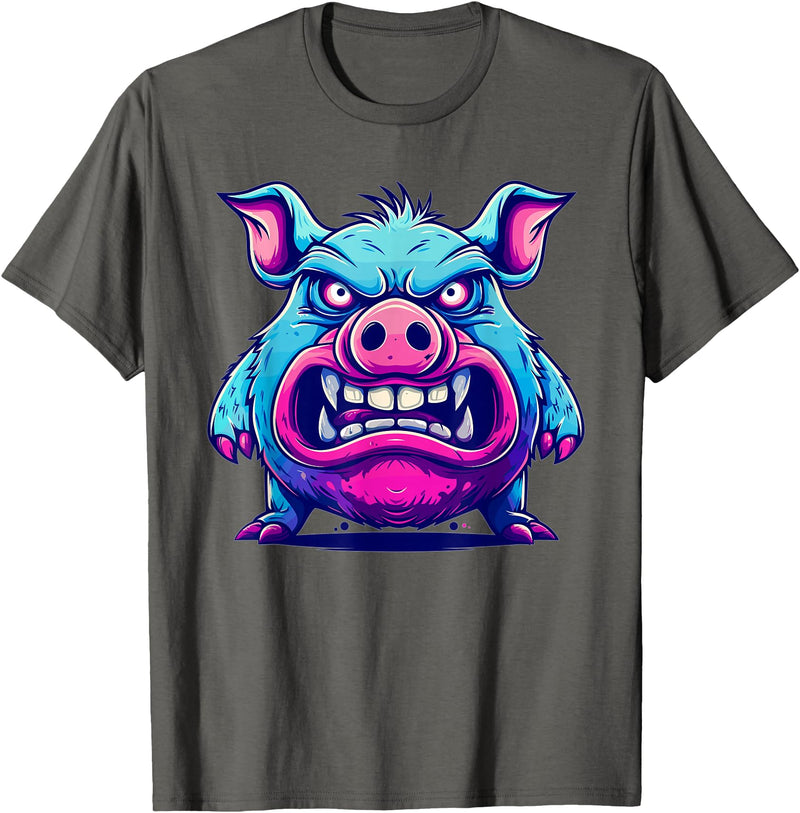 Cartoon Pig Art I Kids Pig Angry Pig I Colorful Pig T-Shirt - Asphalt Grey