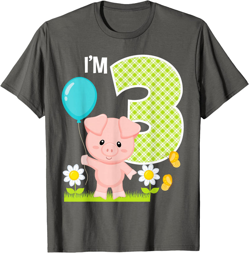Cute Piglets Pig Barn Farm Birthday Party Supplies Pig 3rd Birthday Toddler 3 Year Old Birthday Boy Piglet Bday T-Shirt - Asphalt Grey