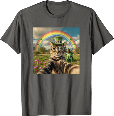 Threadrock St Patrick's Day Cat Selfie with Leprechaun Funny Photo T-Shirt