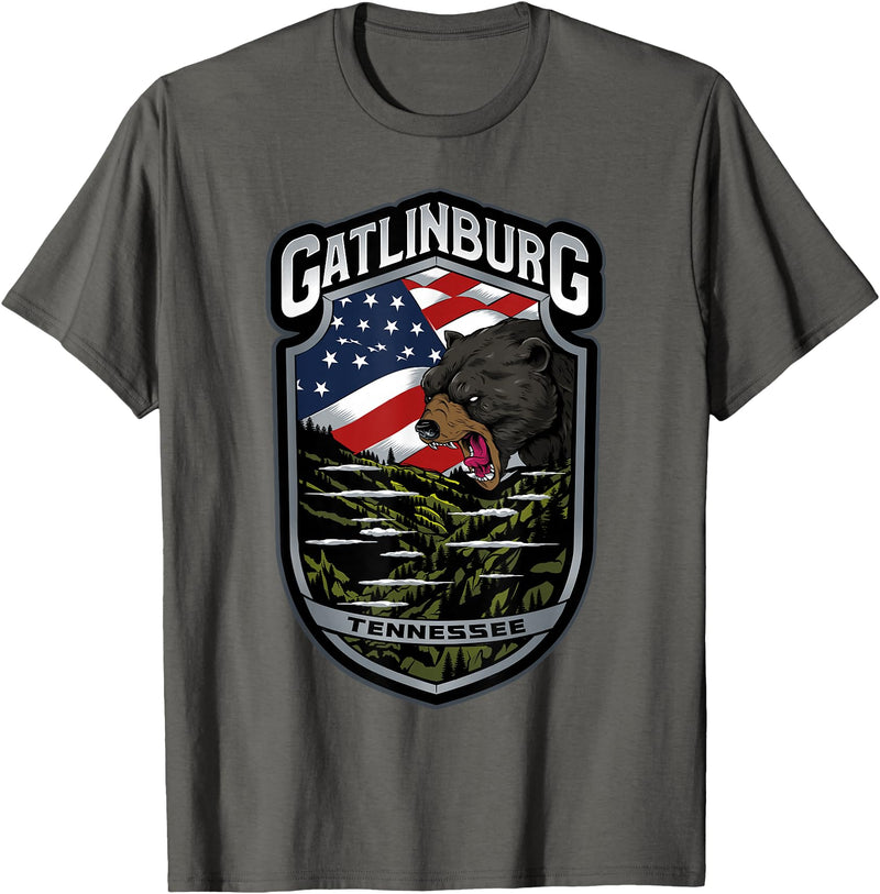 Great Smoky Mountains National Park Souvenirs Gatlinburg Tennessee Souvenirs Bears Gifts TN American Flag T-Shirt - Asphalt Grey