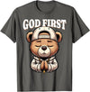 Christian Hip Hop Hustle Praying Teddy Bear Design God First Hip Hop Teddy Bear Cross Christian Streetwear Pray T-Shirt - Asphalt Grey