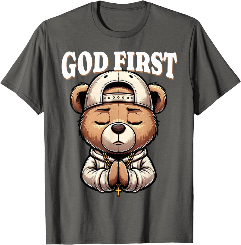 Christian Hip Hop Hustle Praying Teddy Bear Design God First Hip Hop Teddy Bear Cross Christian Streetwear Pray T-Shirt - Asphalt Grey