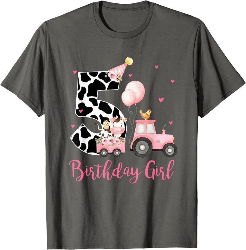 Milk Cow Print 5 Year Old Girl Birthday Gift 5th Birthday Outfit Girl 5 Year Old Farm Cow Chick Tractor T-Shirt - Asphalt