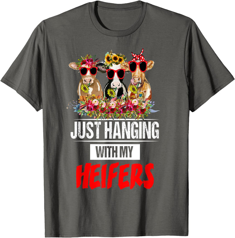 Women's Funny Cows Heifer Farm Animal Just Hanging With My Heifers Cow Farm Animal Lovers Funny T-Shirt - Asphalt Grey