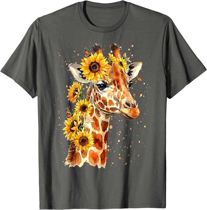 Funny Girl who loves Giraffe Sunflower Giraffe Cute Floral Safari Animal T-Shirt - Asphalt Grey