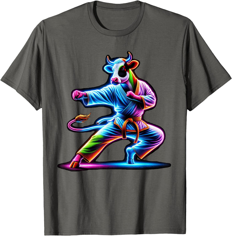 Cow Karate Black Belt Apparel Cow Karate Kick Punch Cute Funny Cool Martial Arts Cow T-Shirt - Asphalt Grey