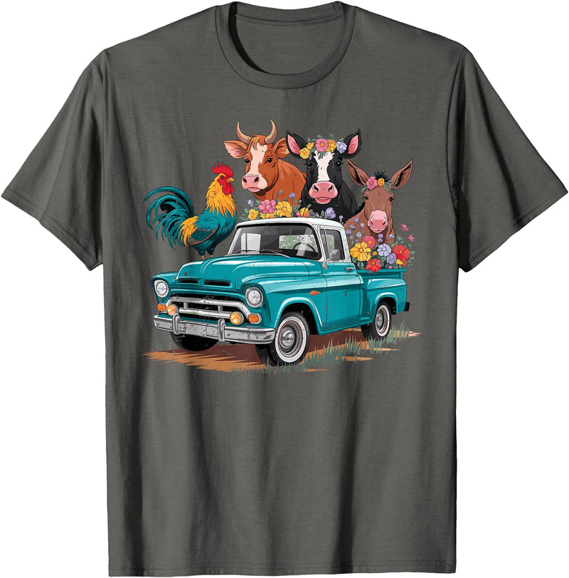 Farm Pickup Truck Farm animals Cow Girl Wife Tee Vintage Pickup Truck Farm Animals Rooster, Cow, Pig, Donkey T-Shirt -