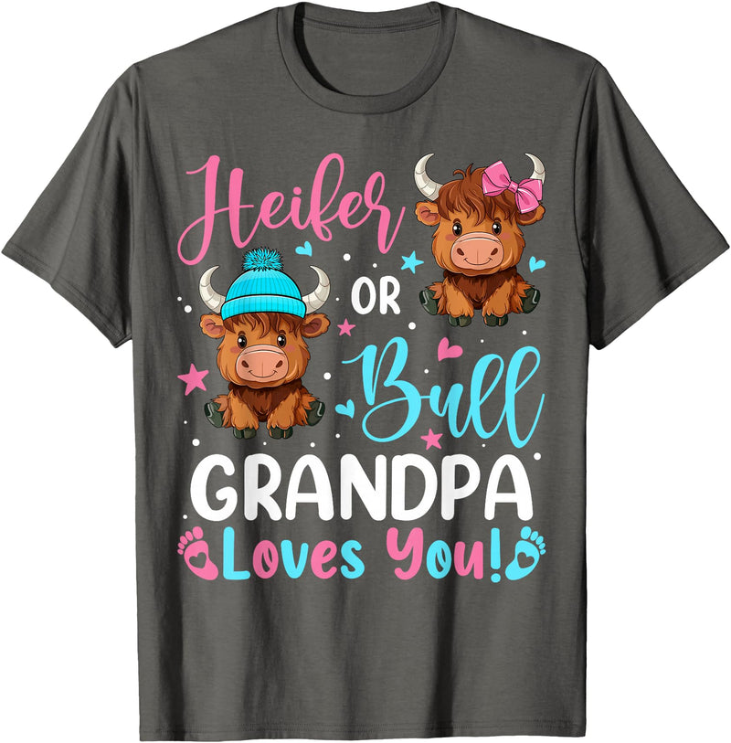 Reveal Party Highland Cow Bull or Heifer Grandpa Loves You Highland Cow Lover T-Shirt - Asphalt Grey