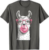 Cute Lama Llama Wearing Glasses Pink Apparel Llama Alpacas Wearing Glasses and Blowing Pink Bubble Gum T-Shirt - Asphalt Grey