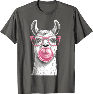 Cute Lama Llama Wearing Glasses Pink Apparel Llama Alpacas Wearing Glasses and Blowing Pink Bubble Gum T-Shirt - Asphalt Grey