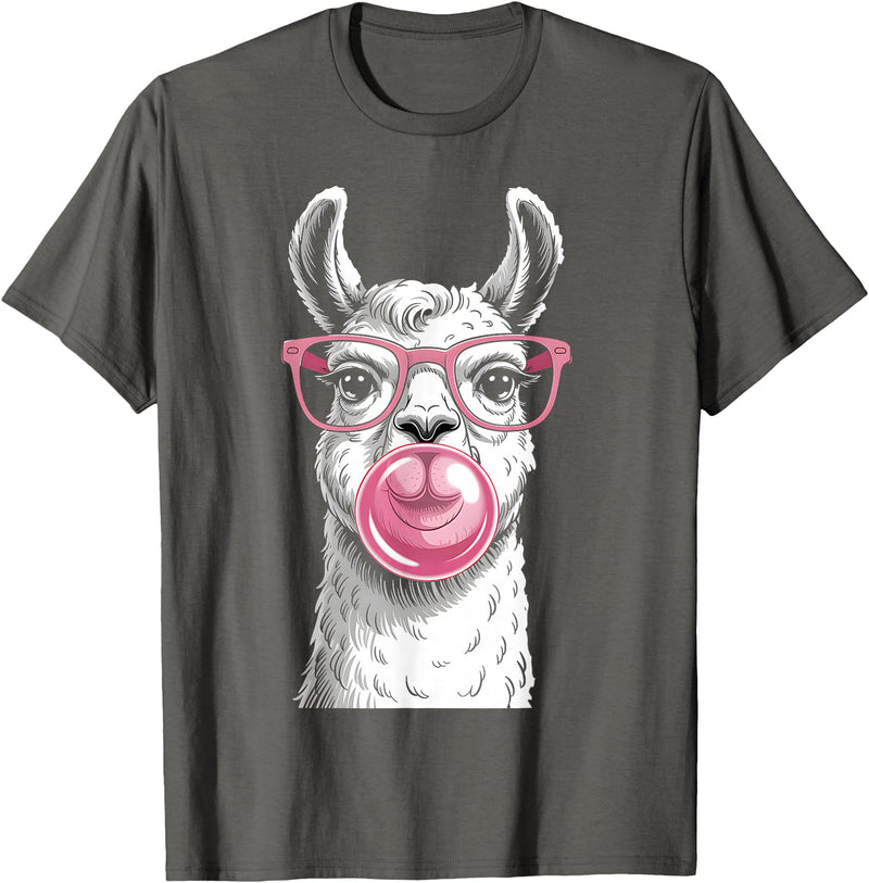 Cute Lama Llama Wearing Glasses Pink Apparel Llama Alpacas Wearing Glasses and Blowing Pink Bubble Gum T-Shirt - Asphalt Grey