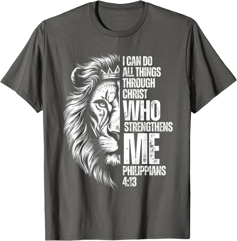 Philippians 4:13 Christian Jesus Lion Father Dad Christian Verse Lion Philippians 4:13 I Can Do All Things T-Shirt - Asphalt Grey
