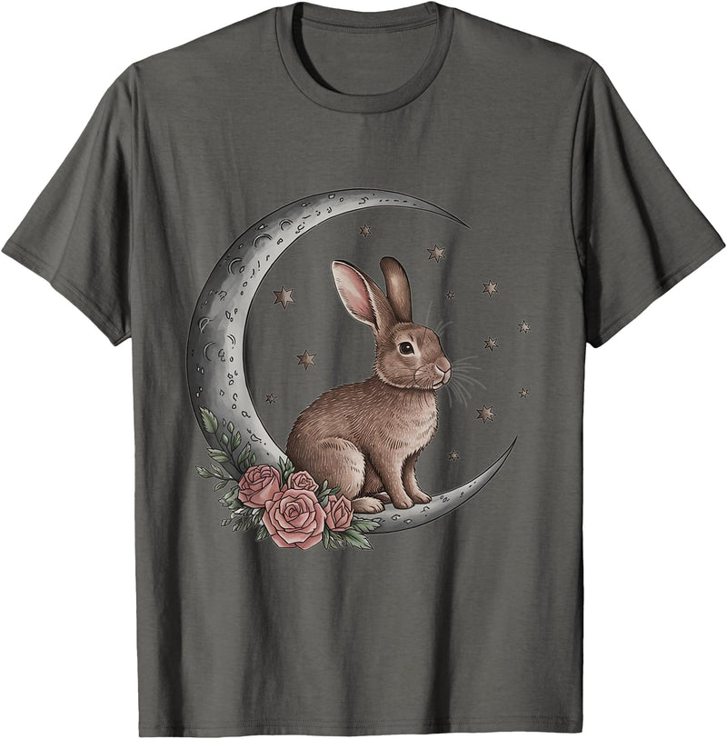 Vintage Bunny on the Moon Cute Goth Easter Rabbit T-Shirt in Asphalt Grey