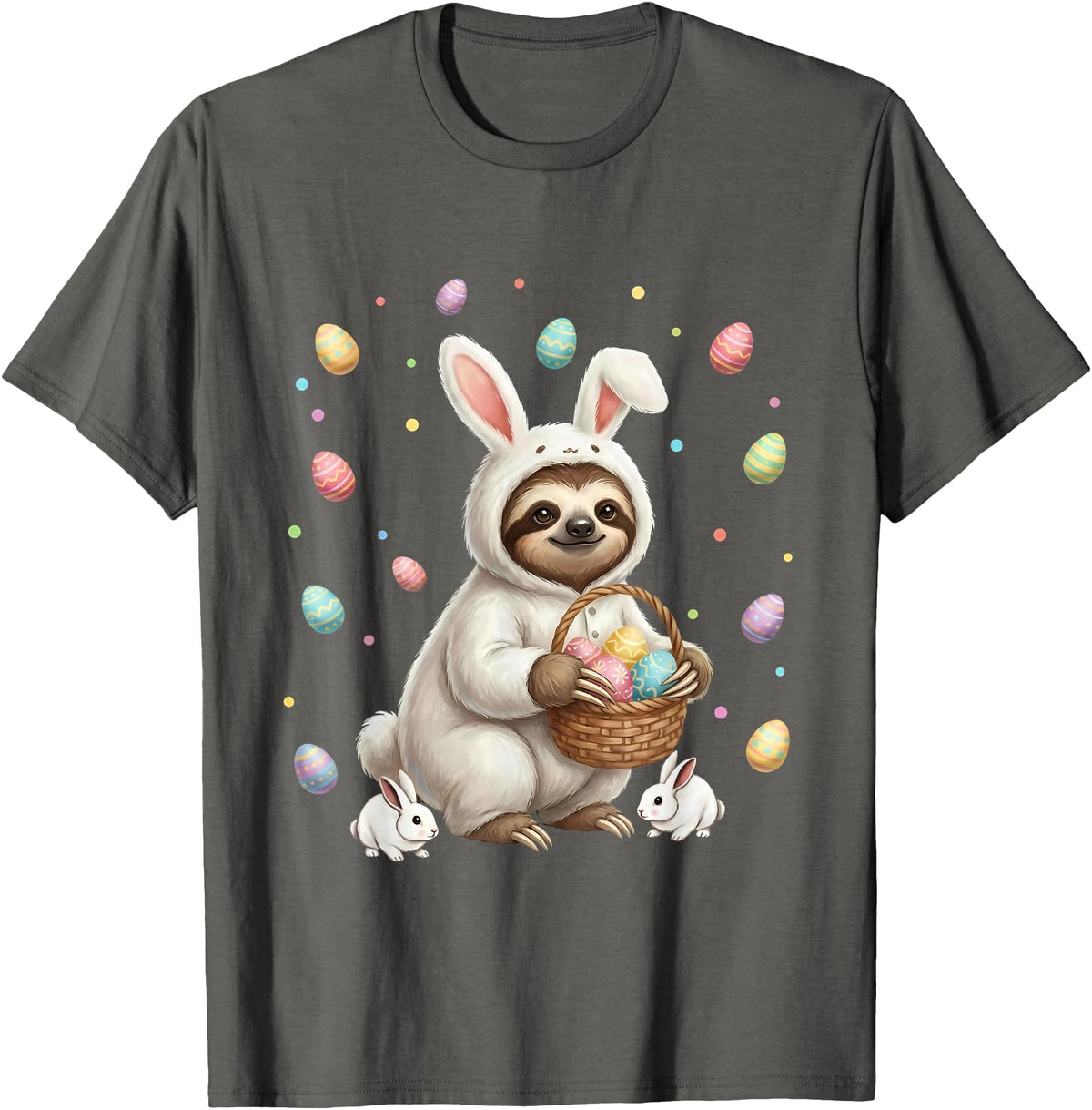Cute Easter Bunny Rabbit with Eggs Whimsical Sloth Design T-Shirt in Asphalt Grey