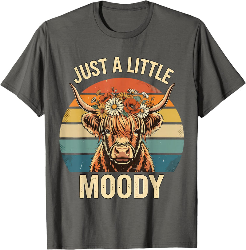 Just A Little Moody Funny Cow Tee Highland Cow Vintage Flower Funny Farm Farmer T-Shirt - Asphalt Grey