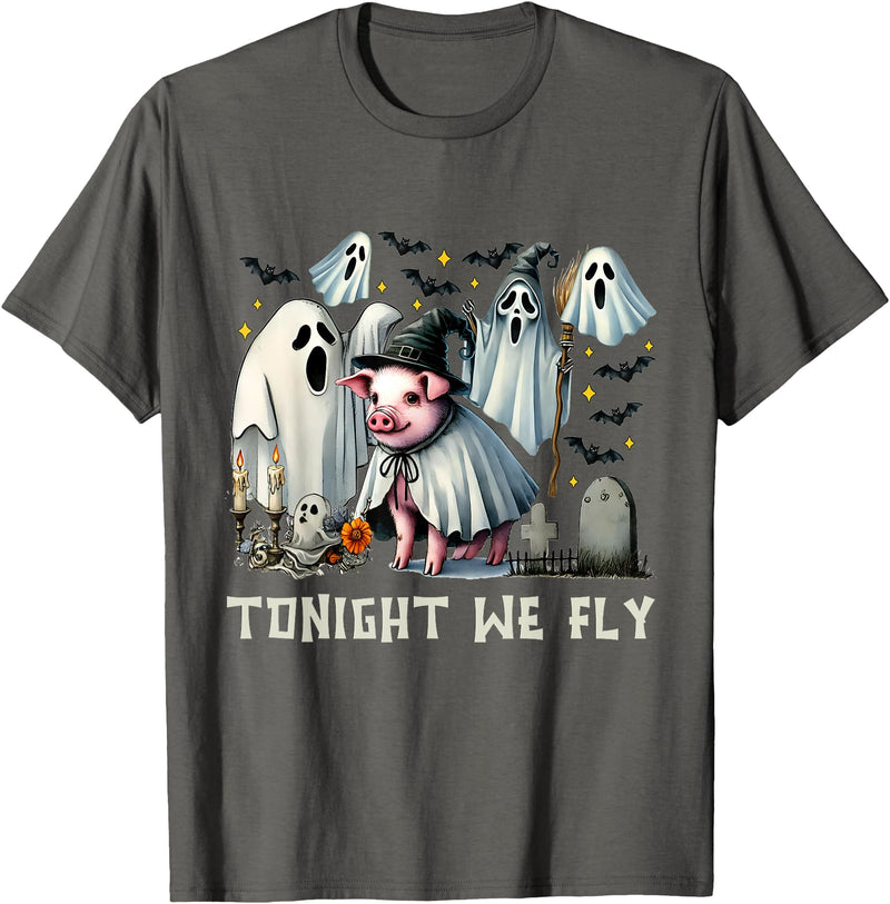 Pigaboo Farm Halloween Tonight We Fly Pig Farm Animal Lover Halloween T-Shirt - Asphalt Grey