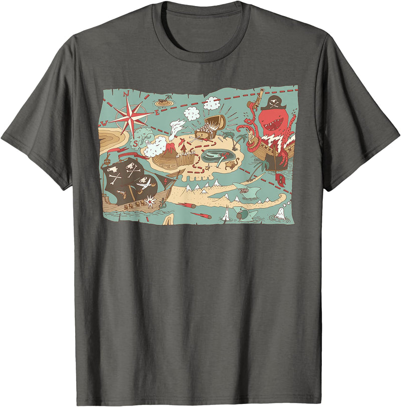 Mel & Bear Treasure Map Ship Sharks Pirates & Skulls Shirt Boys Kids T-Shirt - Asphalt Grey
