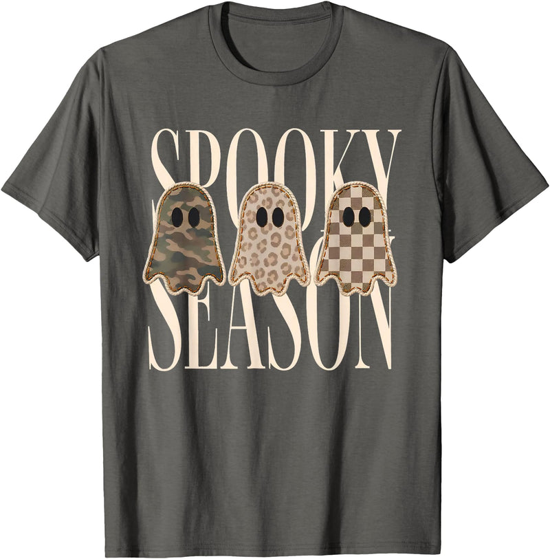 Spooky Season Ghost Halloween Shirt Spooky Season Leopard Camo Checkered Ghost Halloween Fall T-Shirt - Asphalt Grey