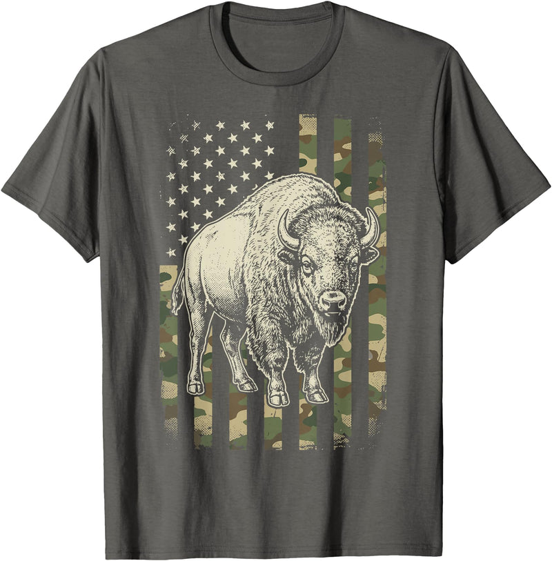 Usa Patriot American Bison Western Bufallo Bison USA Flag American Buffalo 4th of July T-Shirt - Asphalt Grey