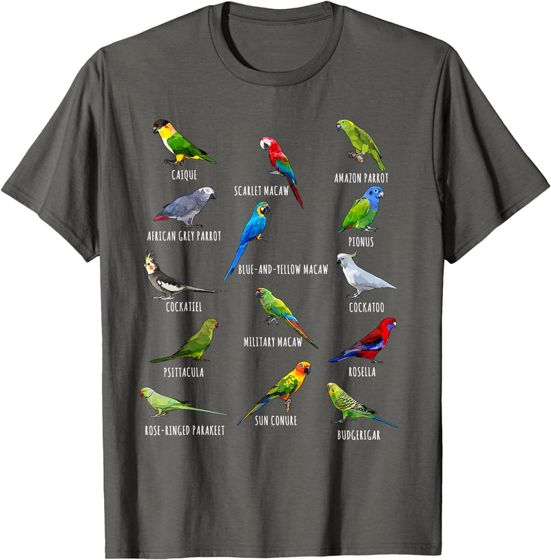 Do You Know Birds Co. Different Parrot Species Biology Types Bird Identification T-Shirt - Asphalt Grey