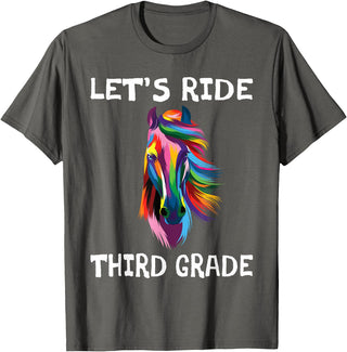 Back To School First Day Let's Ride Third Grade Back To School Horse Girls T-Shirt - Asphalt Grey