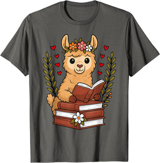 Bookworm Cute Llama Reading Book Llama Reading Book Graphic Llama with Book Floral T-Shirt - Asphalt Grey