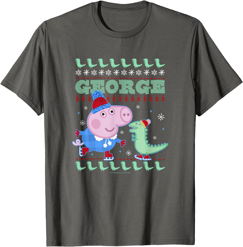 Peppa Pig George Pig Ice Skating Ugly Christmas Sweater T-Shirt - Asphalt Grey