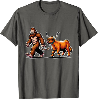 Bigfoot and Scottish Highland Cow Walking Humor Bigfoot T-Shirt