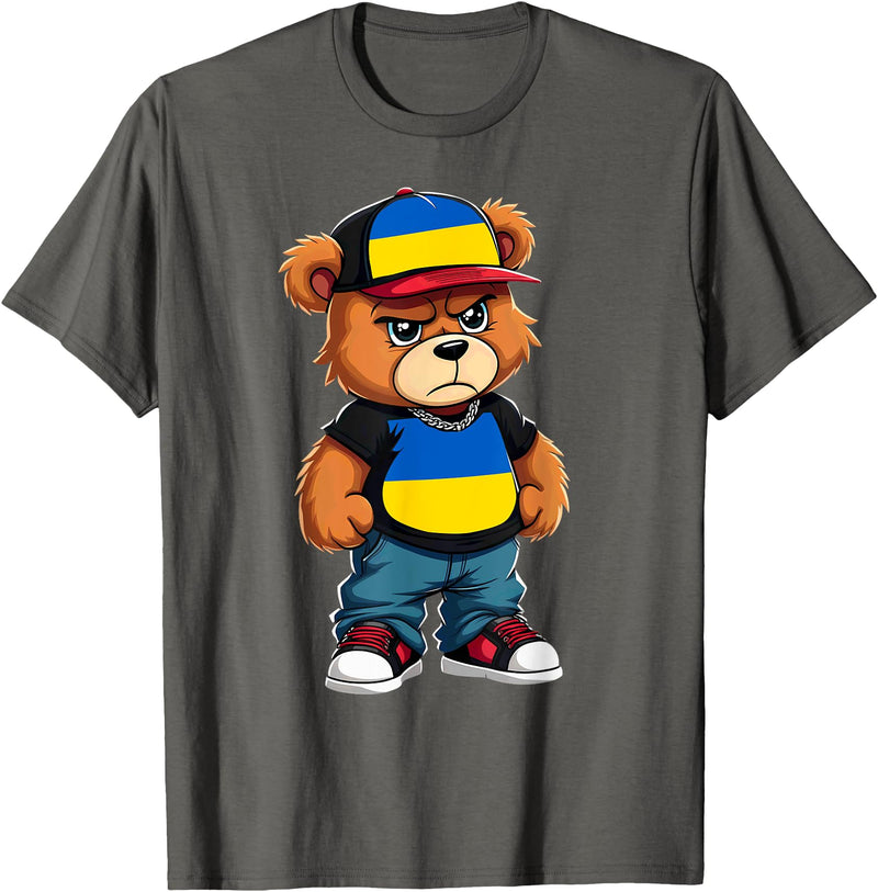 Ukrainian Teddy Bear Breakdance Rapper Ukrainian Flag Teddy Bear Ukraine Hip Hop T-Shirt - Asphalt Grey