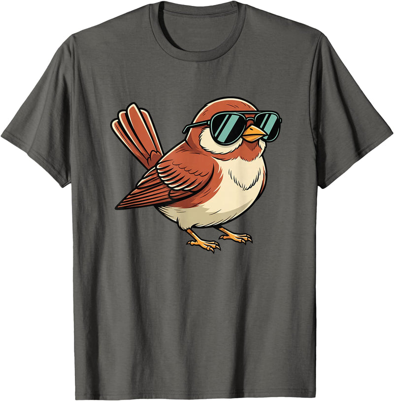 Chipper Feather Co Bird: Sparrow in Sunglasses, Cool Cartoon Avian Attitude T-Shirt - Asphalt Grey