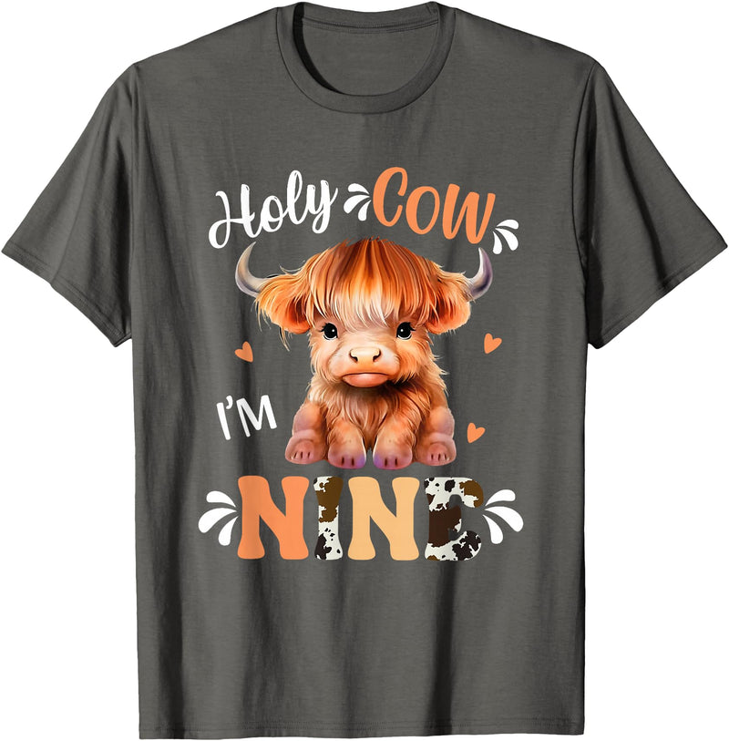 Highland Cow Print 9 Year Old Birthday Gift Holy Cow Im Nine Scottish Highland Cow Print 9th Birthday T-Shirt - Asphalt Grey