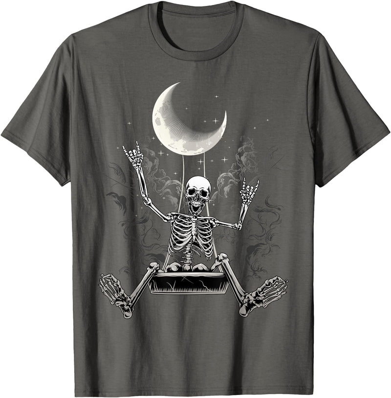 Skeleton Love Halloween Moon Skeleton Rock On Hand Spooky Halloween Rock Concerts T-Shirt - Asphalt Grey