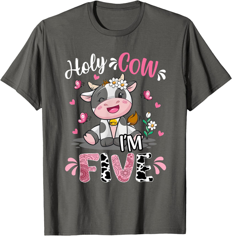 Cow Themed Birthday Party Supplies For Girl 5th Holy Cow I'm Five 5 Years Old 5th Birthday Girl Outfit T-Shirt - Asphalt Grey