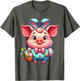 Pig Easter Designs. Easter Pig Bunny Ears Eggs Cute Farm Animal T-Shirt - Asphalt Grey