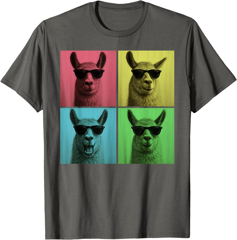 Retro Cute Llama Portrait with Sunglasses Llama Funny Pop Art Llama Lover Photo Booth T-Shirt - Asphalt Grey