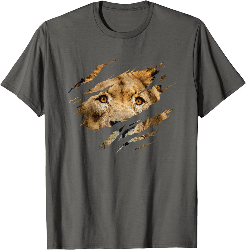 Lion Graphic - Wild Animal Lover Design Lion Outfit - Torn Design Picture Of A Lion's Face T-Shirt - Asphalt Grey