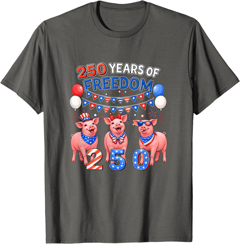 Farmer 4th Of July Costume 250th Freedom 4th of July US Flag Fireworks Three Cute Pigs T-Shirt - Asphalt Grey