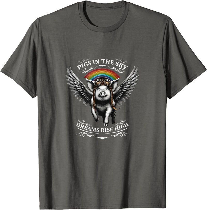 Schwein im Himmel – Träume steigen hoch Flying Pig with Wings in the Sky T-Shirt - Asphalt Grey