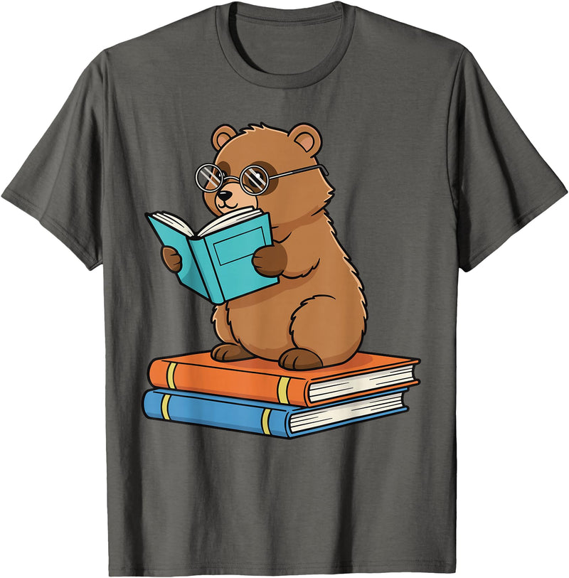 Reading Bear Bookworm Tee Reading Bear Bookworm Cute Bear with Glasses Books T-Shirt - Asphalt Grey