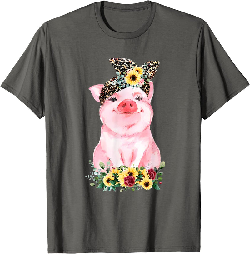 Pig Leopard Headband Flower Tees Pig With Leopard Headband Flower Cute Pig Lover T-Shirt - Asphalt Grey