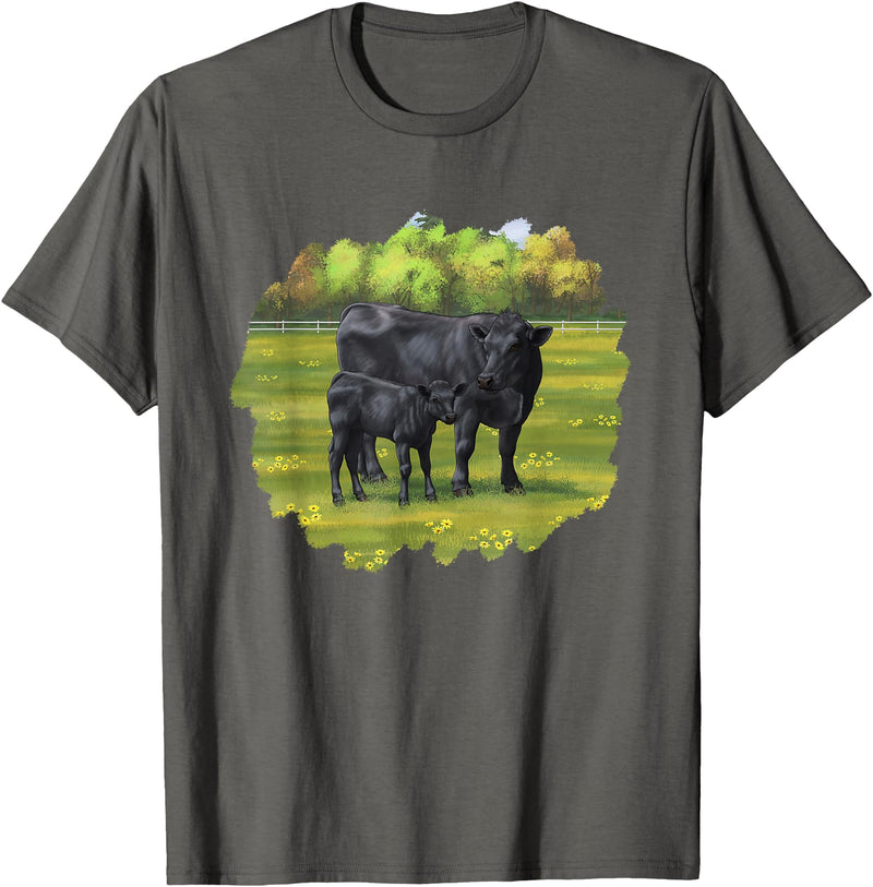 Farm Animal Art by CSForest Black Angus Cow & Cute Calf Farm Animals T-Shirt - Asphalt Grey
