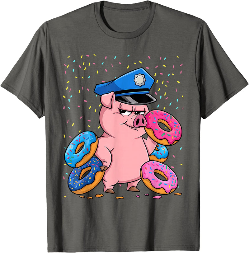 Pig Lover Gift Co. | Unisex Pig Cop Police Officer Doughnut T-Shirt - Black, Small, Short Sleeve - Asphalt Grey